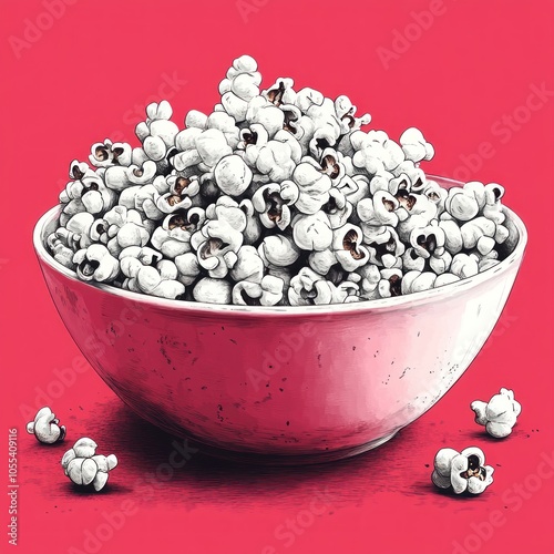 A bowl overflowing with fluffy white popcorn on a red background. photo