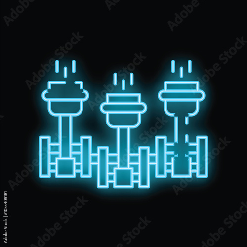 Neon blue crankshaft icon glowing on black background representing car repair and maintenance