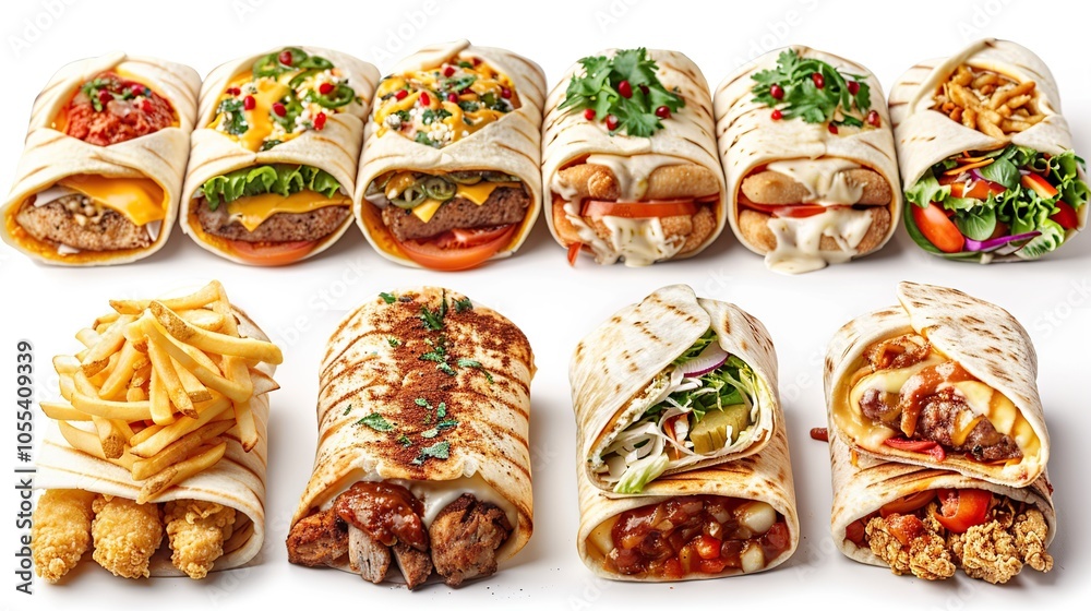 Fototapeta premium A variety of delicious looking wraps with different fillings, including meat, cheese, vegetables, and sauces.
