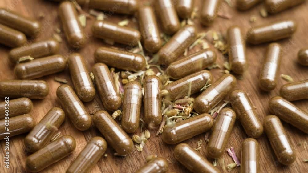 Dried medicinal yarrow herbs falling on a herbal supplement capsules. Slow motion Dried medicinal yarrow herbs falling on a herbal supplement capsules. Slow motion