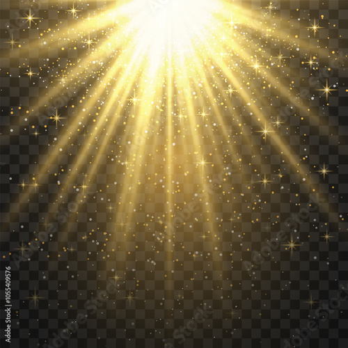 Bright golden radiant light burst with sparkles and glittering particles on a transparent background, creating a festive effect. Light with flares Sun rays of dawn. Wallpaper