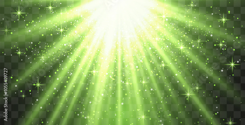 Bright green radiant light burst with sparkles and glittering particles on a transparent background, creating a festive effect. Light with flares Sun rays of dawn. Wallpaper