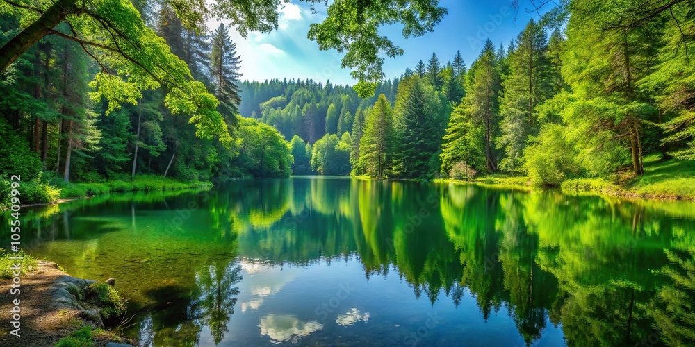 Secluded lake surrounded by tall trees and lush greenery in a peaceful forest, picturesque views, woodland area, grasslands Secluded lake surrounded by tall trees and lush greenery in a peaceful forest, picturesque views, woodland area, grasslands