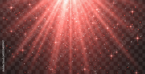 Bright red radiant light burst with sparkles and glittering particles on a transparent background, creating a festive effect. Light with flares Sun rays of dawn. Wallpaper