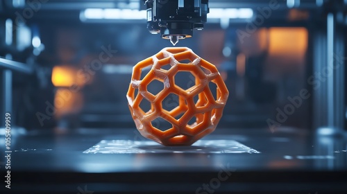 3D printer creating intricate orange design in a modern workspace. photo