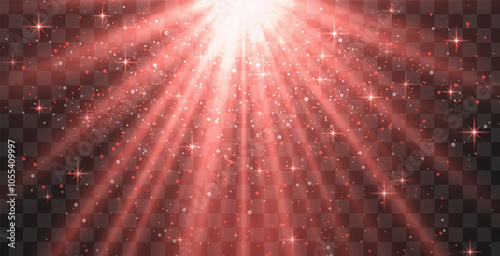 Bright red radiant light burst with sparkles and glittering particles on a transparent background, creating a festive effect. Light with flares Sun rays of dawn. Wallpaper