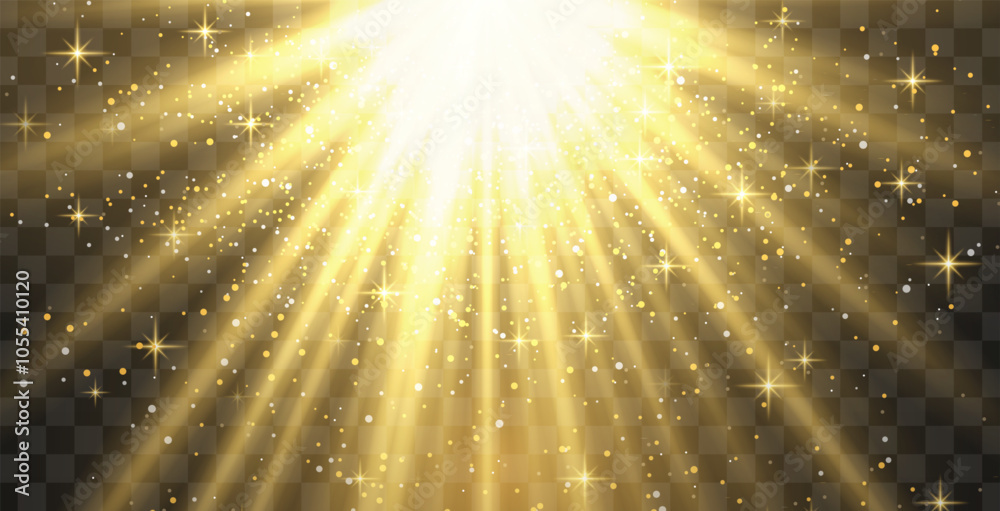Bright golden radiant light burst with sparkles and glittering particles on a transparent background, creating a festive effect. Light with flares Sun rays of dawn. Wallpaper Bright golden radiant light burst with sparkles and glittering particles on a transparent background, creating a festive effect. Light with flares Sun rays of dawn. Wallpaper