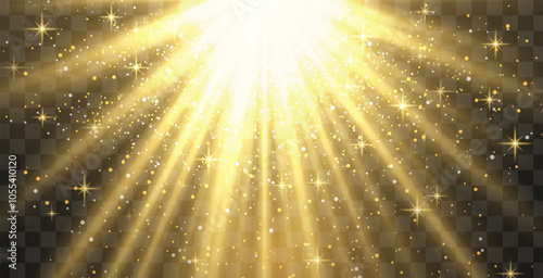 Bright golden radiant light burst with sparkles and glittering particles on a transparent background, creating a festive effect. Light with flares Sun rays of dawn. Wallpaper