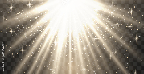 Bright white radiant light burst with sparkles and glittering particles on a transparent background, creating a festive effect. Light with flares Sun rays of dawn. Wallpaper