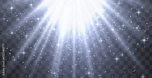 Bright white radiant light burst with sparkles and glittering particles on a transparent background, creating a festive effect. Light with flares Sun rays of dawn. Wallpaper