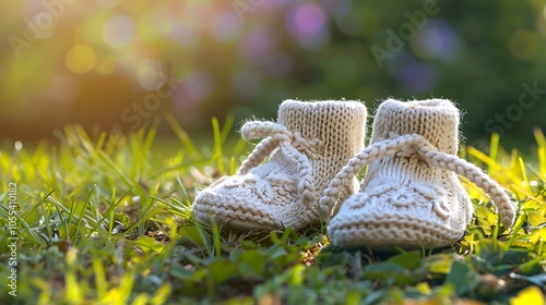 Two pair of baby booties on grass photo