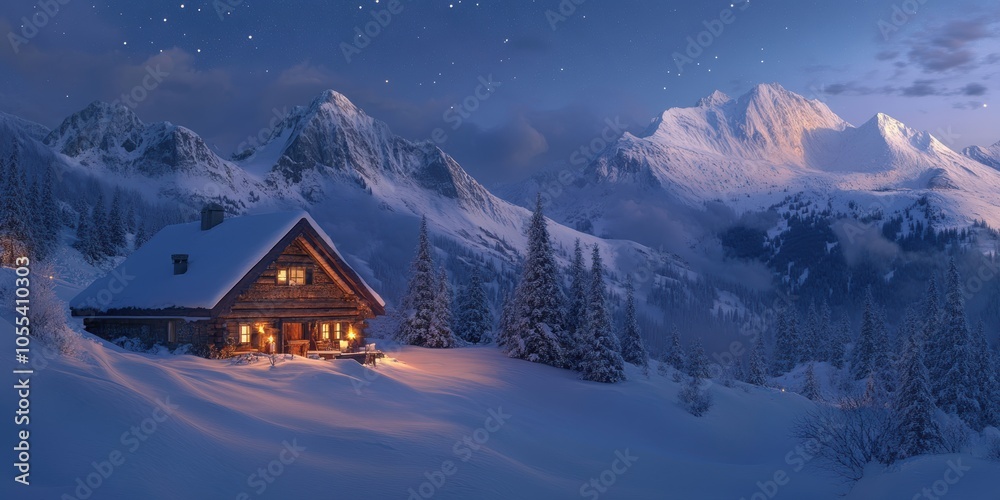 Fototapeta premium Snowy cabin nestled in mountains under starry night.