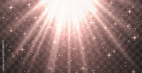 Bright red radiant light burst with sparkles and glittering particles on a transparent background, creating a festive effect. Light with flares Sun rays of dawn. Wallpaper