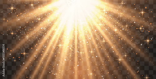 Bright golden radiant light burst with sparkles and glittering particles on a transparent background, creating a festive effect. Light with flares Sun rays of dawn. Wallpaper