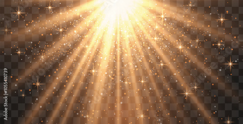 Bright golden radiant light burst with sparkles and glittering particles on a transparent background, creating a festive effect. Light with flares Sun rays of dawn. Wallpaper