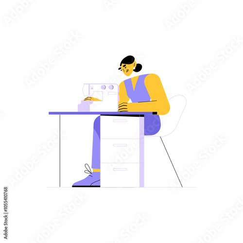 Seamstress At Sewing Machine In Flat Vector Illustration Symbolizing Tailoring, Craftsmanship, And Fashion Design, Isolated On White Background