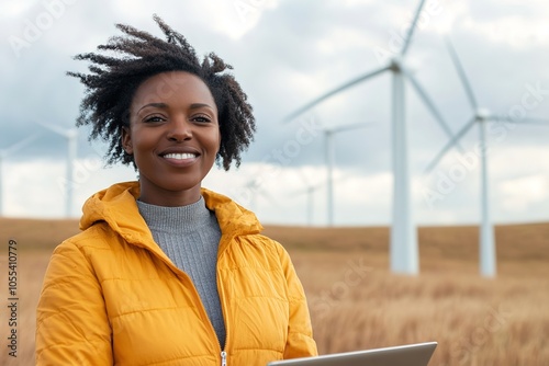 Smiling woman with laptop near wind turbines in field
