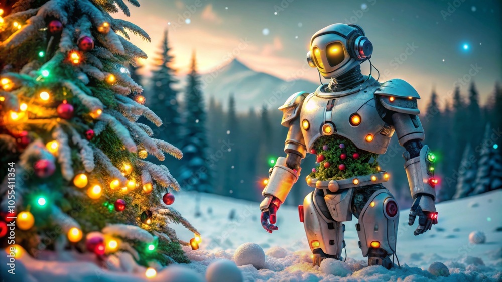 Fototapeta premium Futuristic robot decorating Christmas tree on winter background