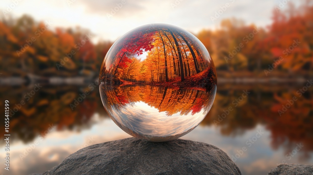 Fototapeta premium Crystal sphere reflecting autumn colors on serene lake surface.