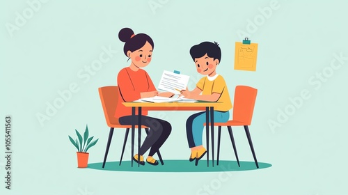 A mother helping her son with homework at a table, illustrating a nurturing and supportive learning environment.