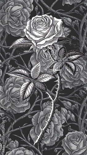 Wallpaper Mural Vector Roses floral botanical flowers. Wild spring leaf wildflower isolated. Black and white engraved ink art. Seamless background pattern. Fabric wallpaper print texture. Torontodigital.ca