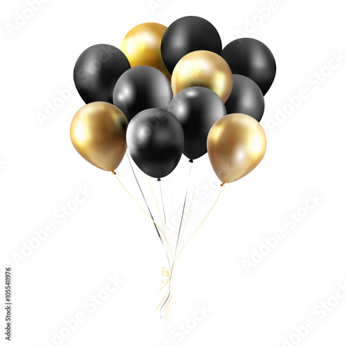 Balloons bunch Black and gold color Realistic vector illustration. Glossy flying Balloons bouquet with ribbons for holidays,festive decoration design isolated on white background