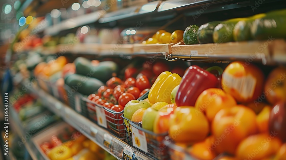 A well-stocked produce section in a grocery store with a variety of fresh fruits and vegetables on display.