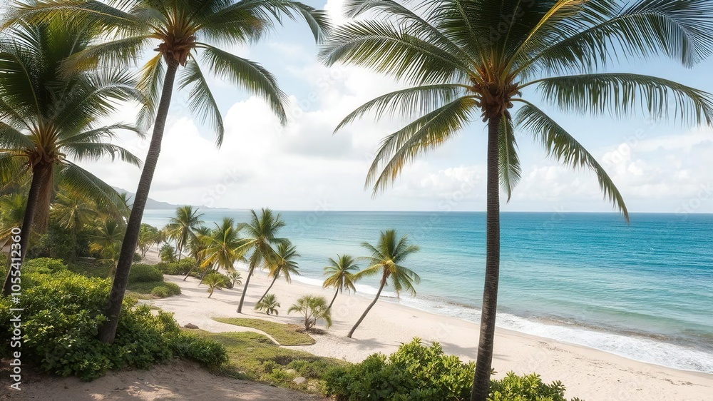 Fototapeta premium Tropical paradise with palm trees and sandy beach overlooking the ocean, ocean view, tropical island