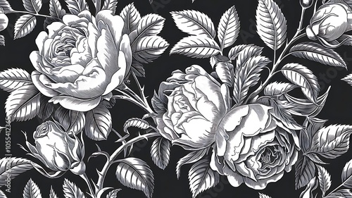 Wallpaper Mural Vector Roses floral botanical flowers. Wild spring leaf wildflower isolated. Black and white engraved ink art. Seamless background pattern. Fabric wallpaper print texture. Torontodigital.ca