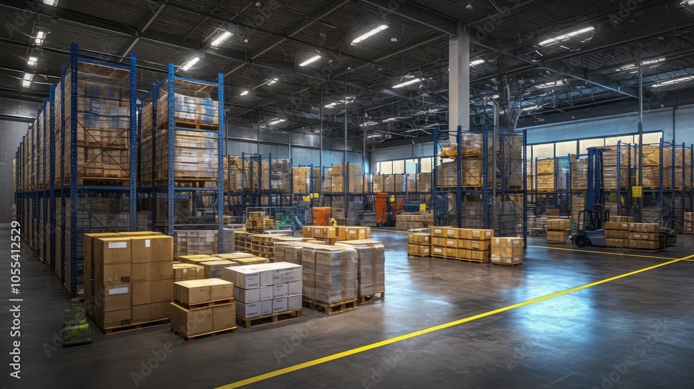 Modern Warehouse Interior with Stacked Boxes and Shelving Units Under Bright Industrial Lighting Modern Warehouse Interior with Stacked Boxes and Shelving Units Under Bright Industrial Lighting