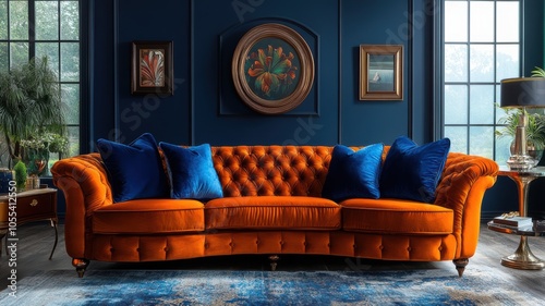 Living interior with orange sofa and blue pillows and a dark blue wall in the back