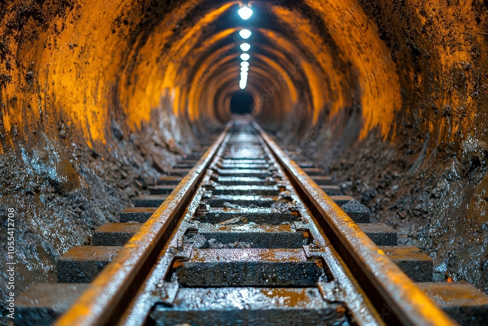 A Single Track Railway Leading Through a Dark Tunnel Lit by Lights