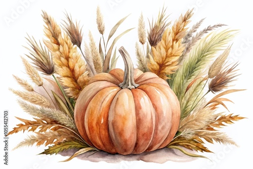 Cozy Autumnal Boho Pumpkin and Pampas Grass Illustration for Fall Weddings and Thanksgiving Cards photo