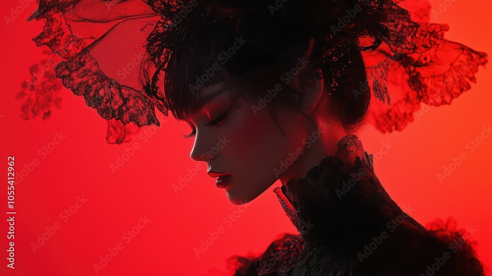Fototapeta premium Portrait of a fashionable elegant young asian woman model on red background. Beauty, fashion.