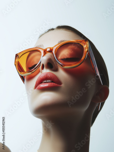 Fashion portrait of young sensual beautiful woman in big trendy orange sunglasses on white studio background.