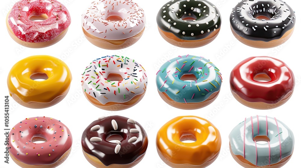 A collection of twelve colorful glazed donuts with various toppings.