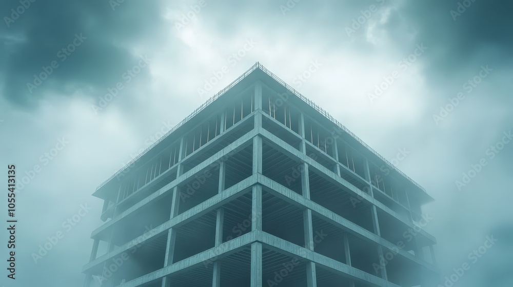 A tall building with a cloudy sky in the background A tall building with a cloudy sky in the background