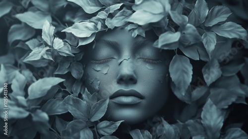 Blue illustration portrait of a beautiful young woman face in a foliage surrounded by leaves.