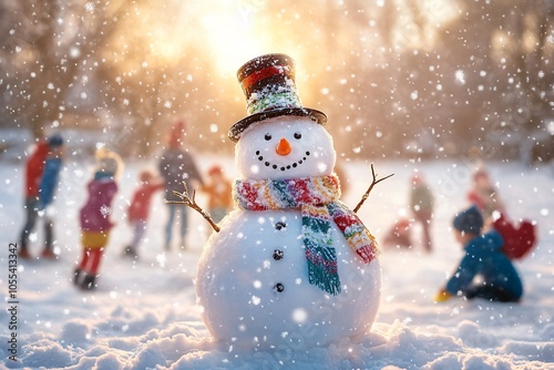 Cheerful Snowman Wearing a Colorful Scarf and Top Hat Surrounded by Children