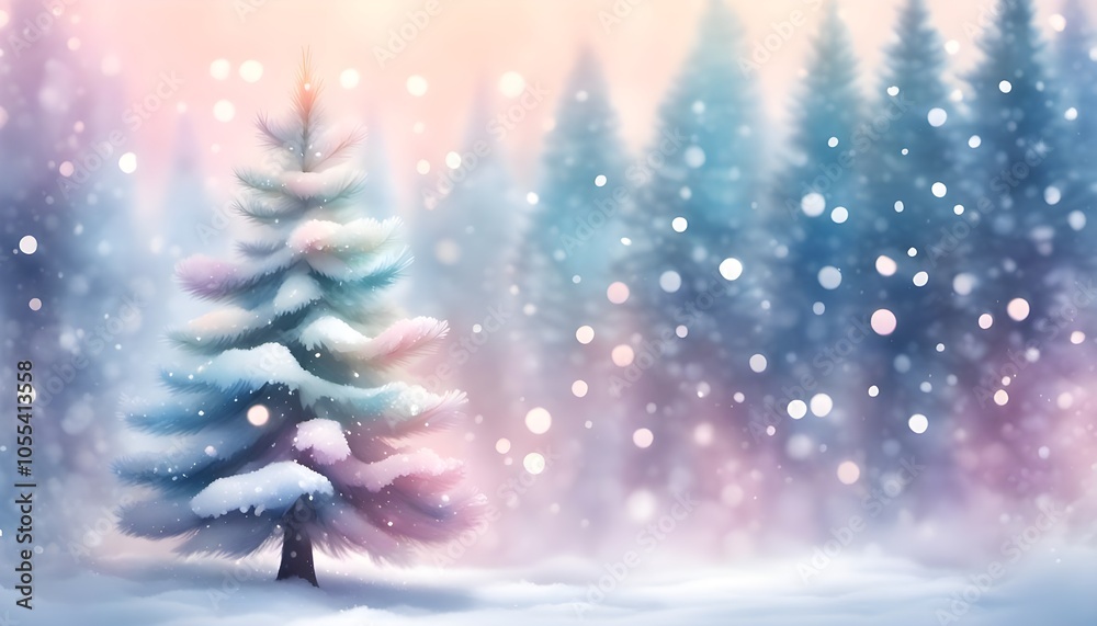 Christmas trees with snow in the forest in warm pastel colours Christmas trees with snow in the forest in warm pastel colours