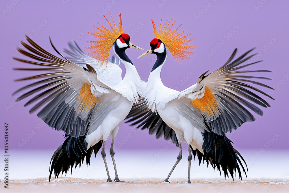 Obraz premium crowned cranes in ritualistic dance against purple sky