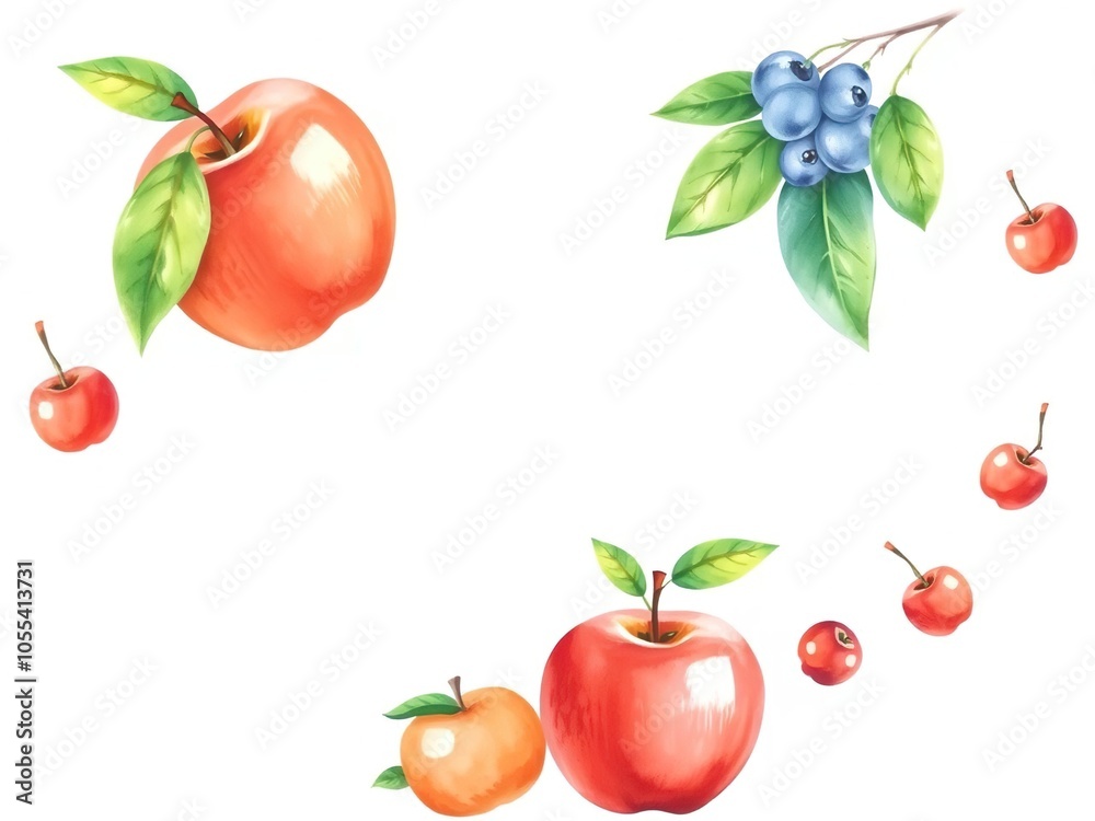Watercolor painting of a vibrant ripe apple on a clean white background, print, white background, organic Watercolor painting of a vibrant ripe apple on a clean white background, print, white background, organic