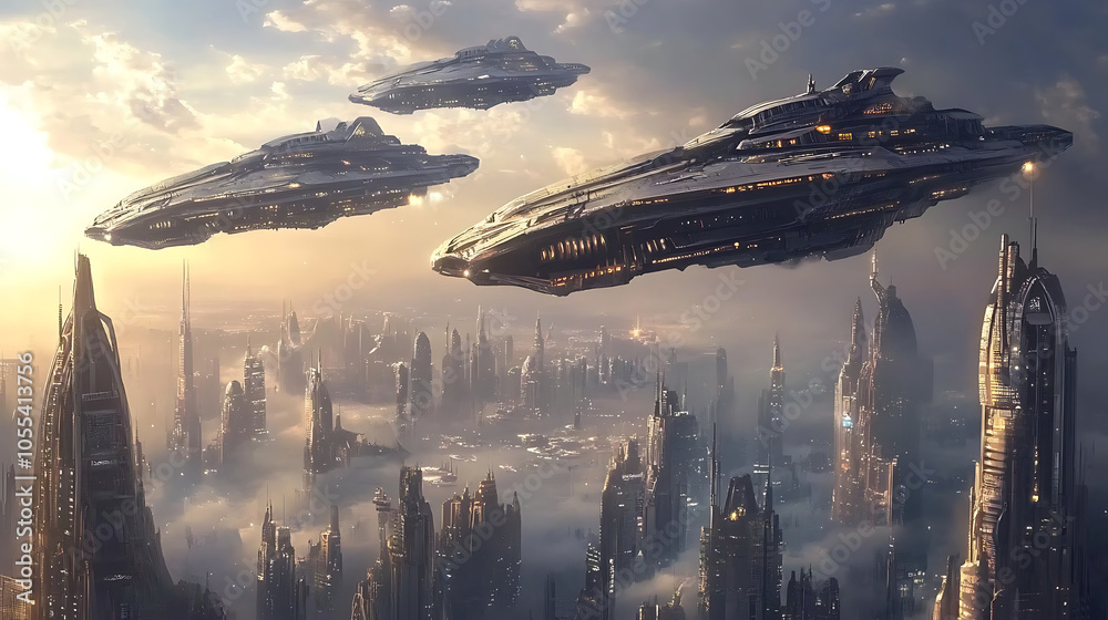 A scene of massive spaceships flying over a futuristic city A scene of massive spaceships flying over a futuristic city