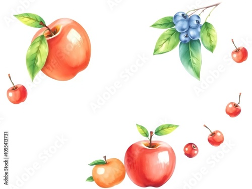 Watercolor painting of a vibrant ripe apple on a clean white background, print, white background, organic