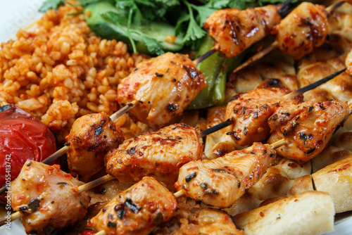 Chicken shish kebab on a serving plate. Served with salad and rice 