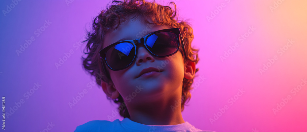Cool Kid in Sunglasses with Colorful Neon Lighting