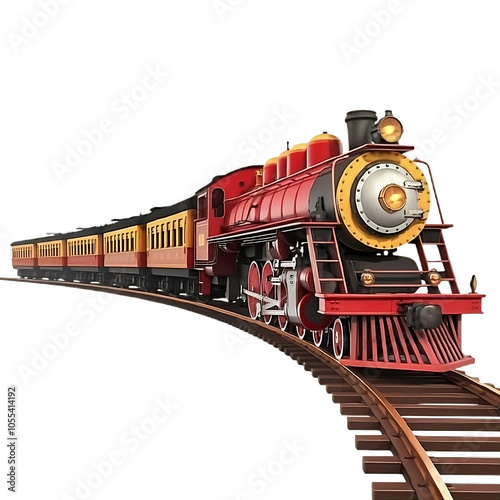 A 3D illustration of a vintage steam train  on a track transparent