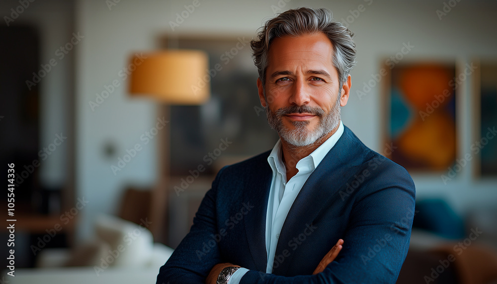 Fototapeta premium Confident Middle-Aged Businessman with Gray Hair and Beard in Modern Office 
