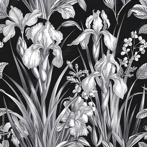 Vector Iris floral botanical flowers. Wild spring leaf wildflower isolated. Black and white engraved ink art. Seamless background pattern. Fabric wallpaper print texture.