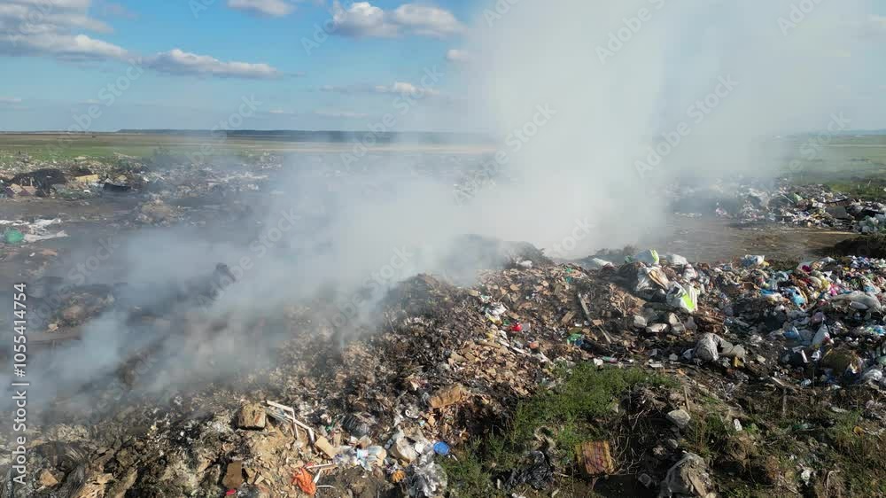 Aerial view of burning garbage dump pollution. Lot of smoke from the landfill, environmental pollution. Drone shot of nature destruction, unhealthy life Aerial view of burning garbage dump pollution. Lot of smoke from the landfill, environmental pollution. Drone shot of nature destruction, unhealthy life